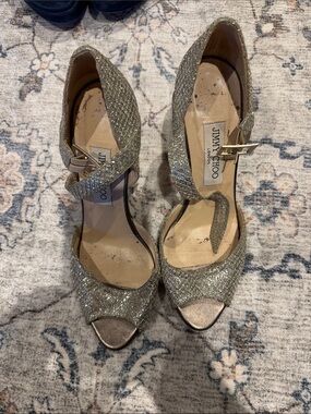 Jimmy Choo Gold Glitter Peep-Toe Ankle-Strap Heels